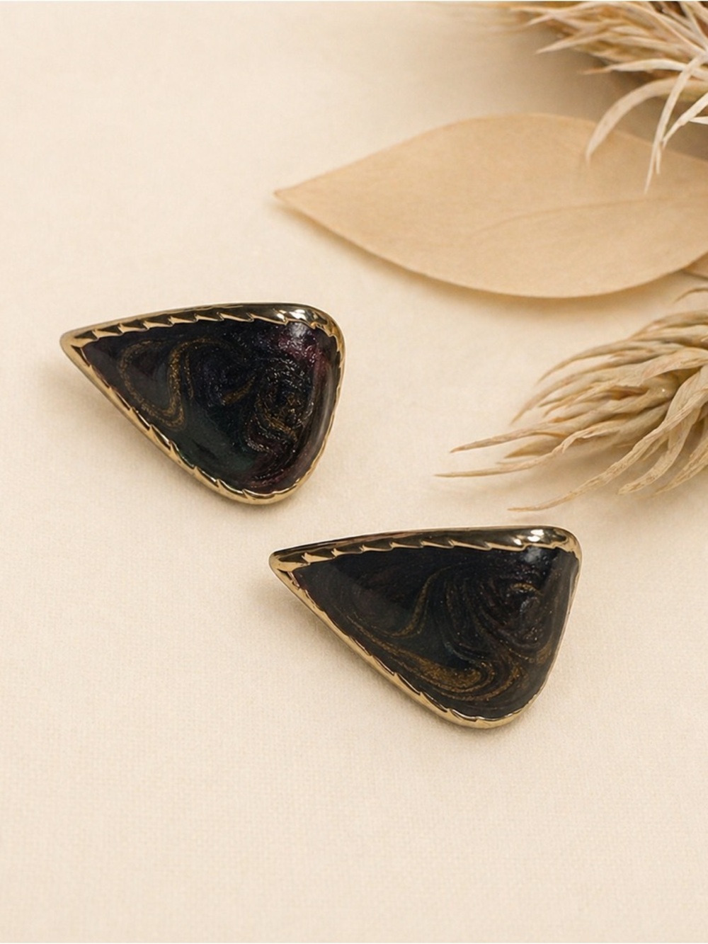 Vintage Gold Tone Swirl Glitter Enamel Curved Earrings